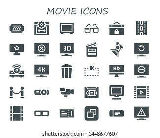 movie icon set. 30 filled movie icons.  Simple modern icons about  - Ticket, Web size, Big screen, 3d glasses, Event, Strip, Tv, Television, Clapperboard, Spotlight, Projector