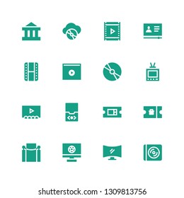 movie icon set. Collection of 16 filled movie icons included Cd, Television, Red carpet, Ticket, Audio player, Theater, Video, Cinema, Tutorial, Compact disc