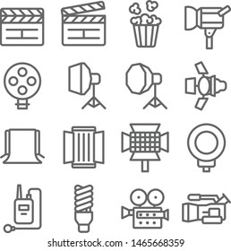 Movie Icon Set. Contains such Icons as Slate, Backdrop, Spotlight, Bulb, Video Camera and more. Expanded Stroke