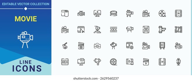 Movie icon set. Contains such icons as entertainment, multimedia, cinema, theater, media, video and more. Film icon set. Minimal icons pack. Signs for web and mobile app.