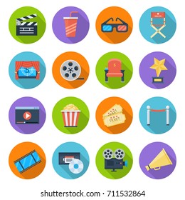 Movie icon set. Film industry, motion picture entertainment, filmmaking and fun images. Vector flat style illustration isolated on white background