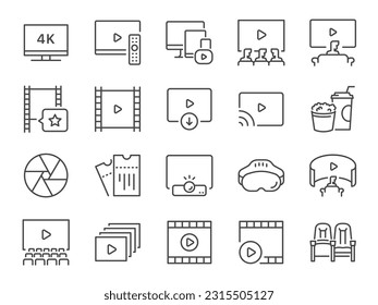 Juego de iconos de película. Incluía clip, video, entretenimiento, programa de televisión y más íconos. Estroque de vectores editable.