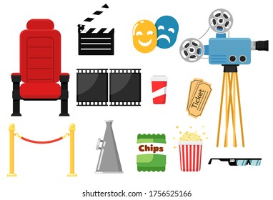 Movie icon set. Isolated cinema theater chair, red rope barrier, popcorn, filmstrip, retro video camera, tickets, clapper board, film director megaphone, movie award statuette. Cinematography icons