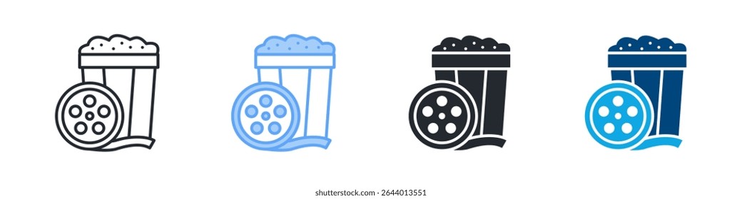 Conjunto de iconos de película de varios estilos. Diseño En Contorno, Azul, Glifo, Doble Tono
