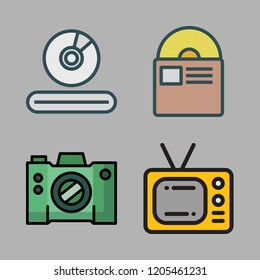 movie icon set. vector set about video player, camera, television and compact disc icons set.