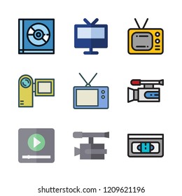 movie icon set. vector set about compact disc, video player, television and video camera icons set.