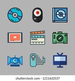 movie icon set. vector set about clapperboard, video player, compact disc and remote icons set.