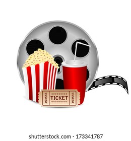 movie icon.items for cinema isolated on white background.reel of film with popcorn and a drink on a white background.vector 