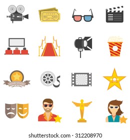 Movie icons flat set with film camera 3d glasses and clapperboard isolated vector illustration