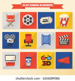 Movie Icons. Flat style. Popcorn, 3D glasses, red seat, filmstrip, cinema clapper, ticket. Film industry. Cinematography concept. Vector illustration.