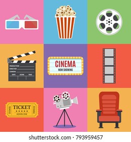 Movie Icons. Flat style. Popcorn, 3D glasses, red seat, filmstrip, cinema clapper, ticket. Film industry. Cinematography concept. Vector illustration.