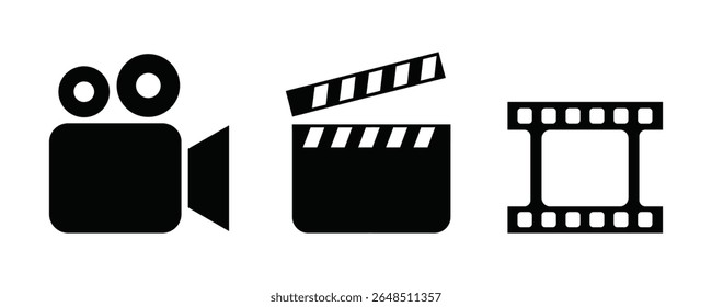 Ícones de filme incluindo câmera, clapperboard e filmstrip isolados em plano de fundo branco