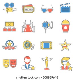 Movie icons line set with theater film reel screen isolated vector illustration