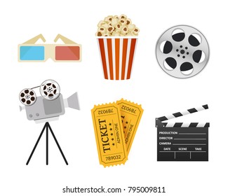 Movie Icons. Realistic style. Popcorn, 3D glasses, cinema clapper, ticket. Film industry. Cinematography concept. Vector illustration.
