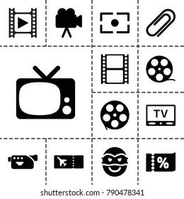 Movie icons. set of 13 editable filled movie icons such as movie tape, camera tape, tv, camera, clip, camera focus, ticket, ticket on sale