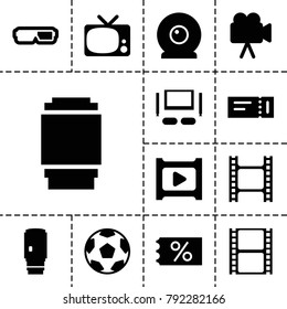 Movie Icons. Set Of 13 Editable Filled Movie Icons Such As Ticket, Ticket On Sale, Movie Tape, 3d Glasses, Tv, Camera, Play, Camera Lense, Web Camera