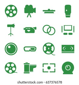 Movie icons set. set of 16 movie filled icons such as camera, film tape, camera lense, studio lapm, tv set, movie tape