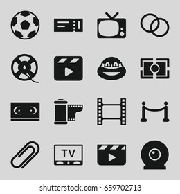 Movie icons set. set of 16 movie filled icons such as ticket, ninja, film tape, clip, camera tape, camera lense, tv, red carpet