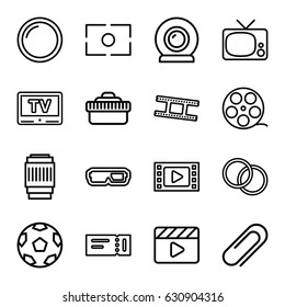 Movie Icons Set. Set Of 16 Movie Outline Icons Such As Ticket, Clip, Camera Lense, Camera Tape, Tv