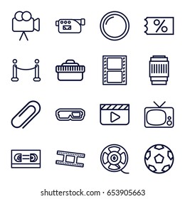 Movie Icons Set. Set Of 16 Movie Outline Icons Such As Movie Tape, Camera, Film Tape, Clip, Camera Lense, Camera Tape, Red Carpet, Ticket On Sale, Clapper Board, 3d Glasses