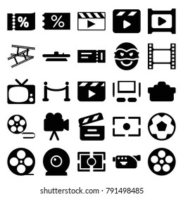 Movie icons. set of 25 editable filled movie icons such as ticket, ticket on sale, clapper board, tv, camera, play, camera lense, red carpet, tv set