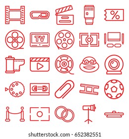 Movie icons set. set of 25 movie outline icons such as film tape, clip, camera lense, camera tape, studio lapm, tv, red carpet, tv set, ninja, ticket on sale, clapper board