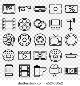 Movie icons set. set of 25 movie outline icons such as movie tape, camera, film tape, camera lense, studio lapm, tv, tv set, ticket on sale, clapper board
