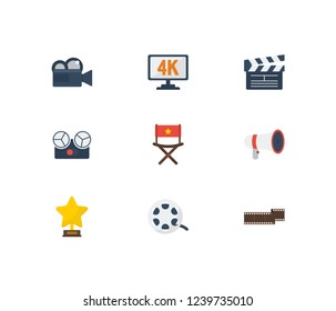 Movie icons set. 4k cinema and movie icons with award, cinema tape and movie loudspeaker. Set of artistic for web app logo UI design.