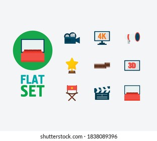 Movie icons set. 4k cinema and movie icons with director chair, camera and filmstrip. Set of artistic for web app logo UI design.