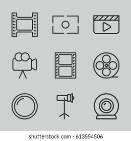 Movie icons set. set of 9 movie outline icons such as movie tape, camera, studio lapm, camera lense