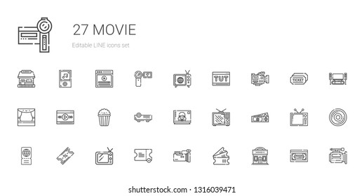 movie icons set. Collection of movie with cinema, tickets, video camera, ticket, tv, television, projector, popcorn, video player, stage, tutorial. Editable and scalable movie icons.