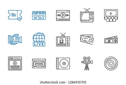 movie icons set. Collection of movie with compact disc, video camera, cd, vhs, video, ticket, television, live, cinema, video player, clapperboard. Editable and scalable movie icons.