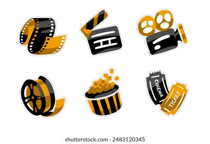 Movie icons set. Collection of stickers for online cinema web design. Film strip, director clapperboard, camera, tickets and popcorn. Vector illustration.