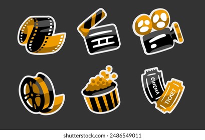 Movie icons set. Collection of stickers for online cinema web design. Film strip, director clapperboard, camera, tickets and popcorn. Vector illustration.