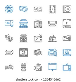 movie icons set. Collection of movie with television, projector, video camera, camera lens, film, tickets, popcorn, tv, cinema, theatre, video player. Editable and scalable movie icons.