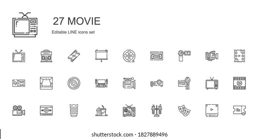 movie icons set. Collection of movie with theatre, tubes, television, popcorn, camera lens, video player, video camera, camcorder, projector. Editable and scalable movie icons.