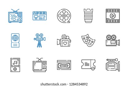 movie icons set. Collection of movie with video camera, ticket, vhs, television, music player, theatre, film, camera lens, film reel, clapperboard. Editable and scalable movie icons.