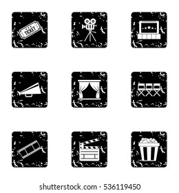 Movie icons set. Grunge illustration of 9 movie vector icons for web
