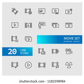 Movie icons. Set of  line icons. Multimedia, filmstrip, camera. Video content concept. Vector illustration can be used for topics like cinema, video footage, filming.