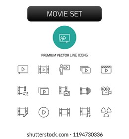 Movie icons. Set of  line icons. Multimedia, filmstrip, camera. Video content concept. Vector illustration can be used for topics like cinema, video footage, filming.