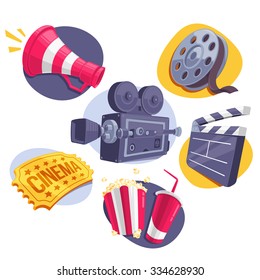 Movie Icons Set (Megaphone, Reel, Camera, Ticket, Clapperboard and Fast Food). Vector Illustration.