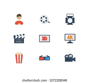 Movie icons set. Popcorn and movie icons with cinema open clapper, 3d movie and 3d glasses. Set of dimension for web app logo UI design.