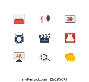 Movie icons set. Theater spotlight and movie icons with 3d movie, cinema and cinema ticket. Set of professional for web app logo UI design.