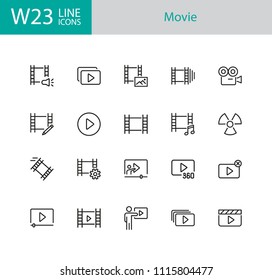Movie icons. Set of twenty line icons. Multimedia, filmstrip, camera. Video content concept. Vector illustration can be used for topics like cinema, video footage, filming.