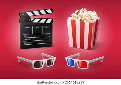 Ícones de filme definidos. Vintage ícone retro de objetos de cinema clapperboard e cupp com pipoca no cinema. Ilustração vetorial.