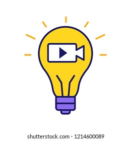 Movie idea color icon. Cinematography. Film industry. Creative idea. Light bulb with movie camera inside. Isolated vector illustration