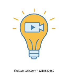 Movie idea color icon. Cinematography. Film industry. Creative idea. Light bulb with movie camera inside. Isolated vector illustration