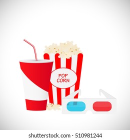 Movie illustration with popcorn, drink and 3d glasses