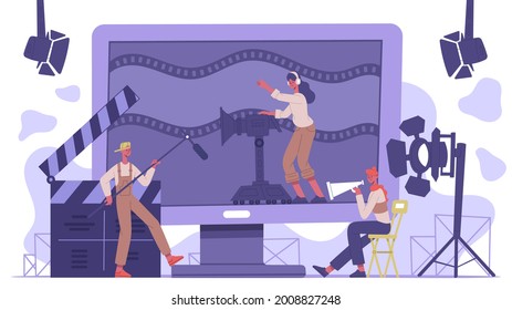 Movie industry concept. Cinematography cinema production, film shooting team isolated vector background illustration. Filmmaking concept scene. Studio crew creating show with equipment