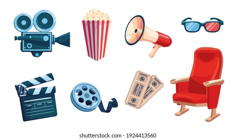 Movie industry elements set. Retro filming video camera, clapperboard, popcorn, theater chair, 3d glasses, megaphone isolated on white. Vector illustration for cinema business, show time concept